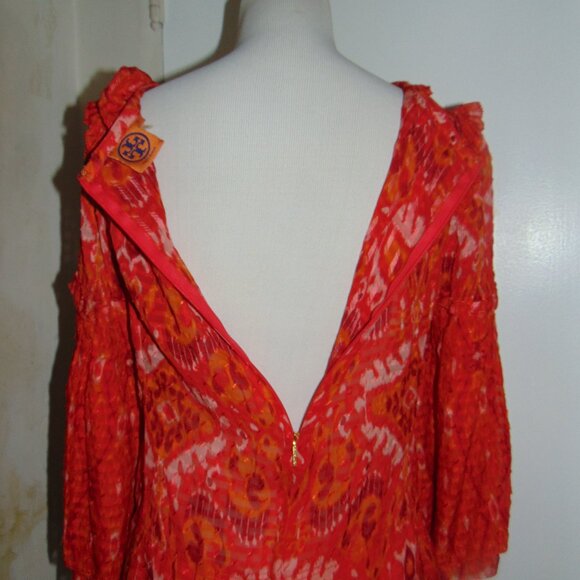 Tory Burch Womens Silk Long Sleeve Ruffle Neck Blouse Top Boho Orange Red Size 6 - Picture 7 of 9